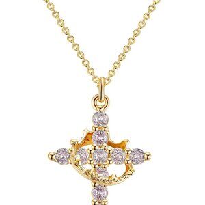 Upgraded Crown Cross Necklace for Women,14K Gold Plated & Silver Plated Crown Cr